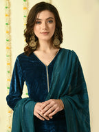 Myshka Women's Teal Velvet Kurta & Trousers With Dupatta Party Sets