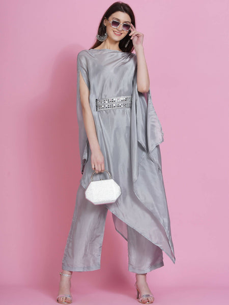 Women Republic Grey Opara Silk Kurta With Belt And Palazzo