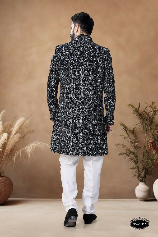 Joban Fashion Men's Black Base White & Blue Straight Velvet Thread & Sequence Embroidery All Over Indo-Western Kurta Set