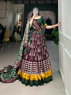 Vastranavya Traditional Printed Tusser Silk Lehenga Choli - Wine