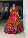 Vastranavya Floral Print With Foil Print Tussar Silk Lehenga with Unstitched Blouse - Mustard