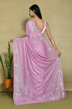 Pink Crepe Silk Sequence Embroidered with Stone work Saree - Nimaya Benzy