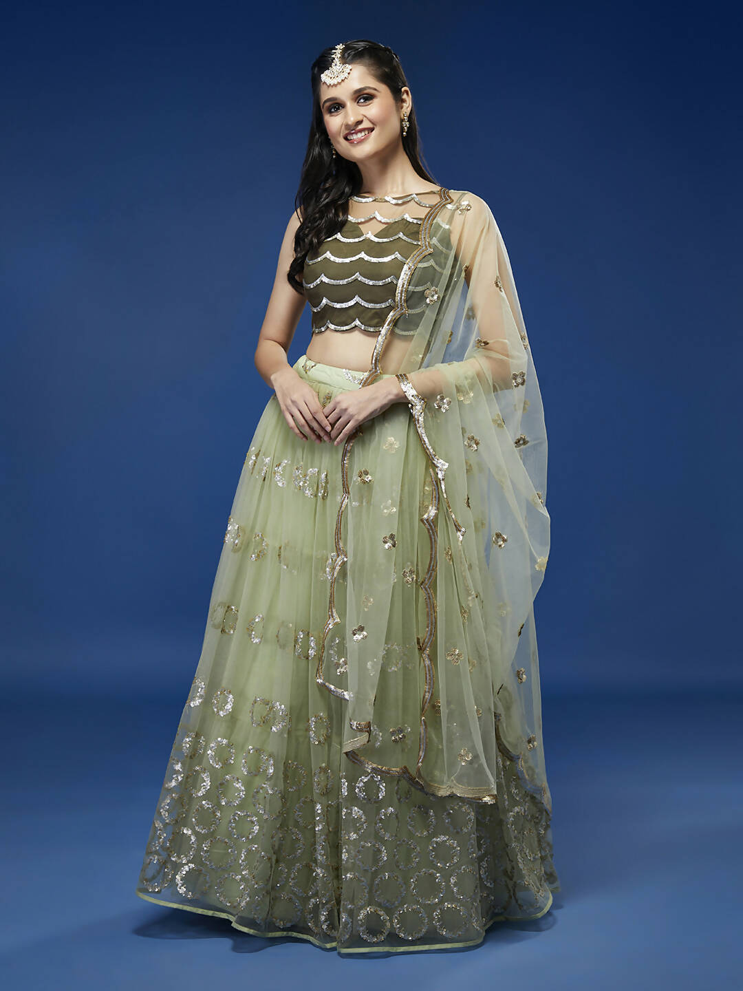 House of Panchhi Lime Green Net Embroideried Round Sequins Lehenga