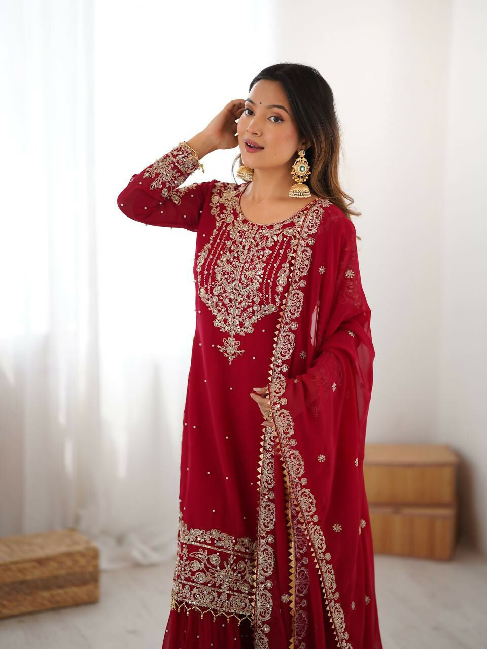 The52 Women's Beautiful Faux Georgette Fabric Embroidery Work Straight Kurt Sharara and Dupatta Set - Distacart
