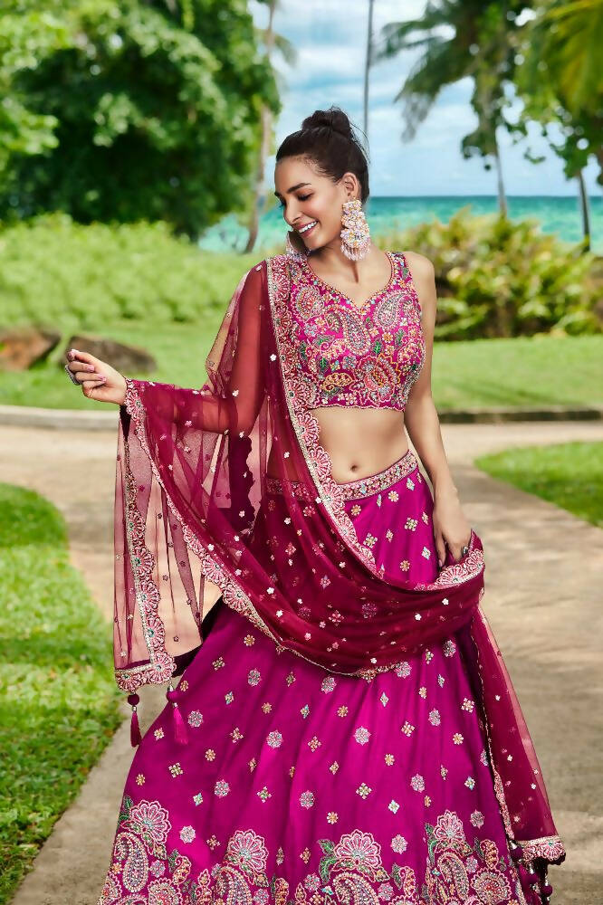 House of Panchhi Burgundy Satin Silk Sequins And Zarkan Embroidery Lehenga Choli & Dupatta
