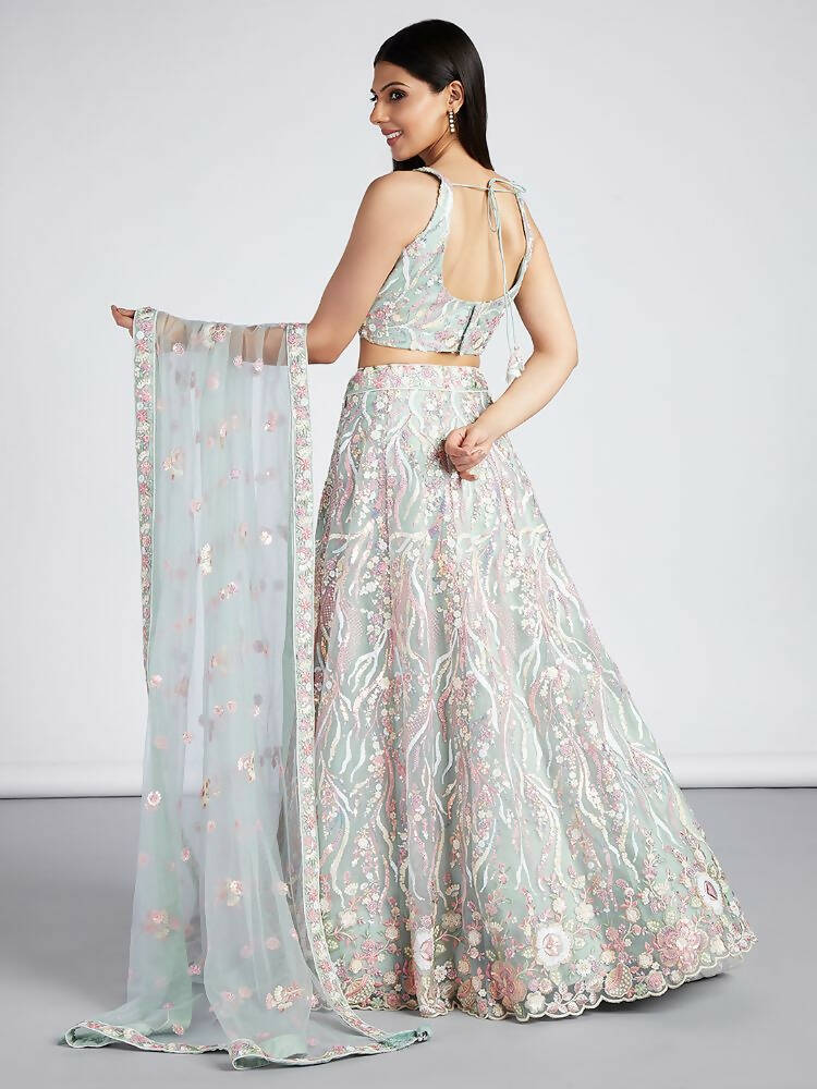 House of Panchhi Lime Green Net Sequins And Thread Embroidery Lehenga Choli & Dupatta