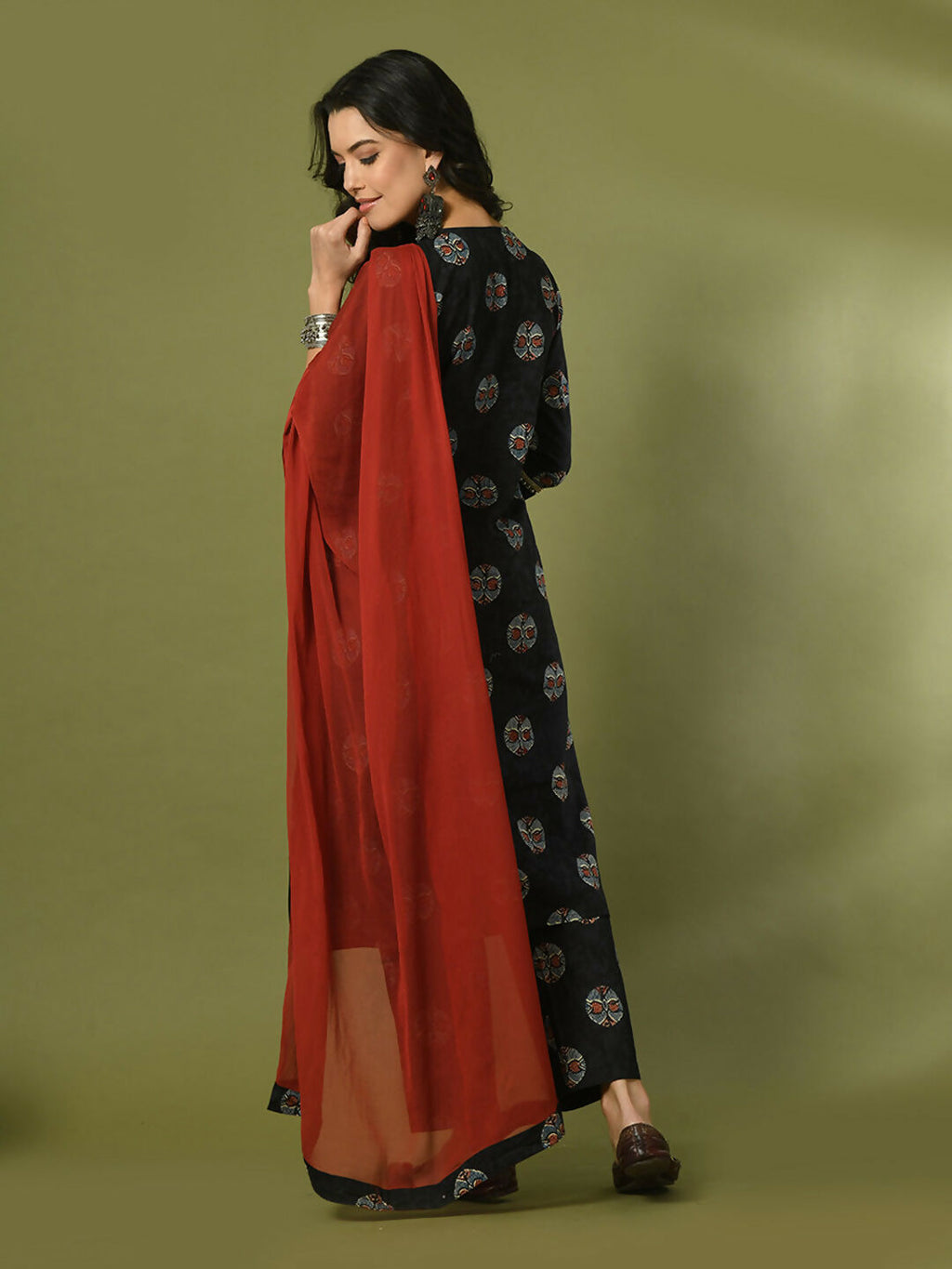 Myshka Women's Black Printed Cotton Straight Party Kurta Set With Dupatta