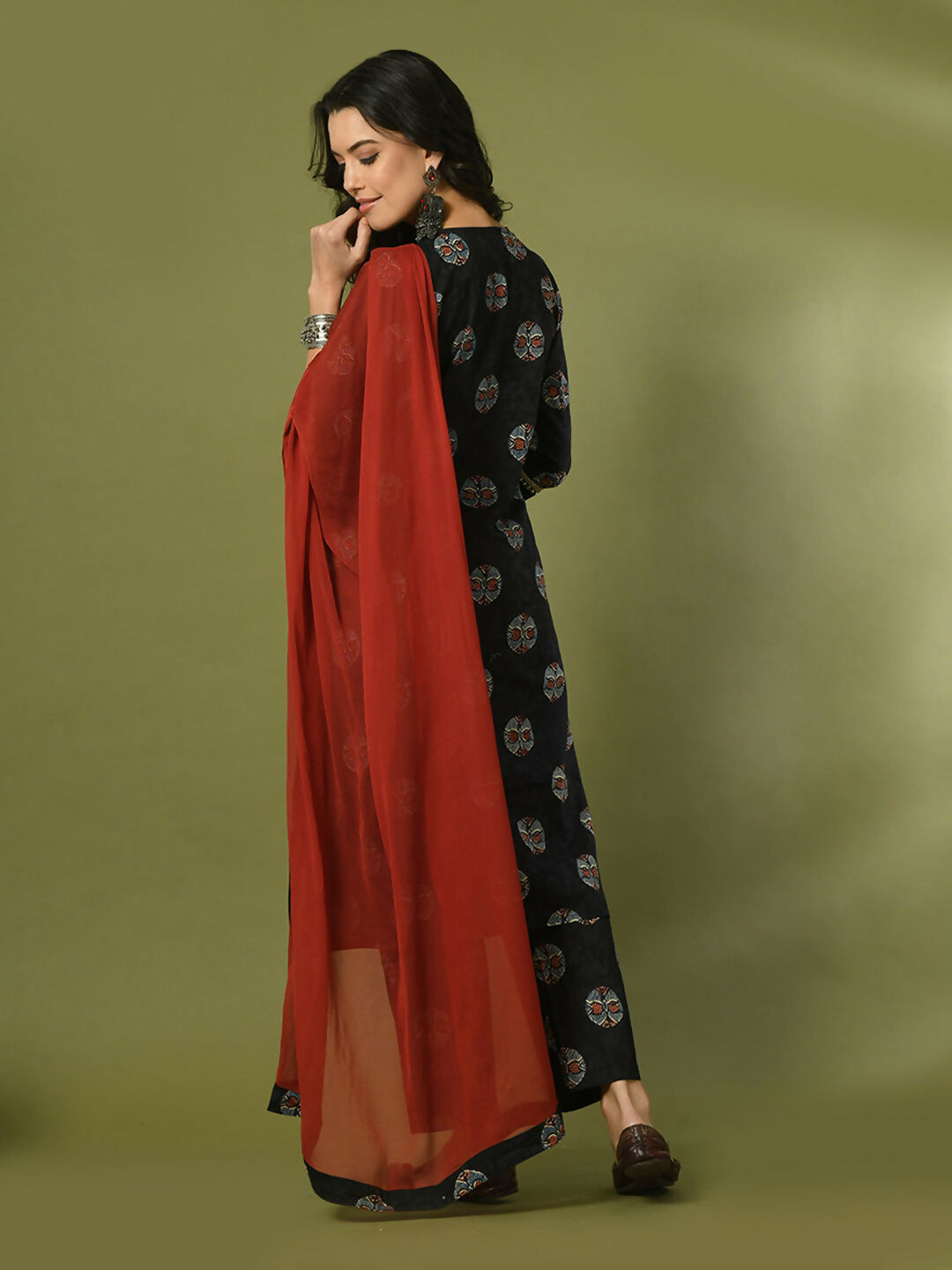 Myshka Women's Black Printed Cotton Straight Party Kurta Set With Dupatta