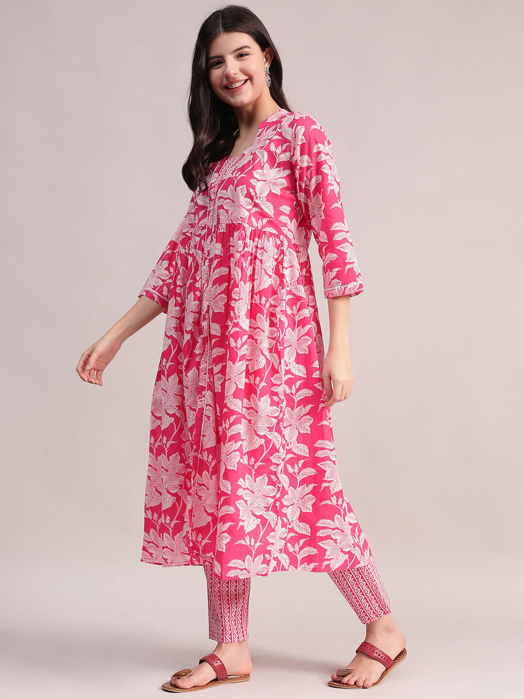 Aavyora Women's Pink Floral Cotton Kurta with Lace Detailing, with Trouser & Dupatta