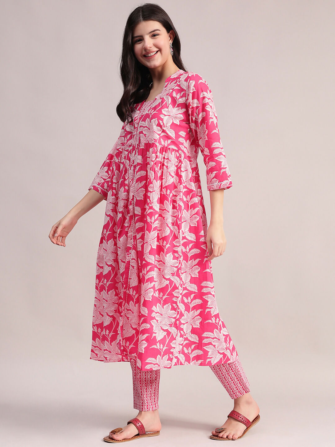 Aavyora Women's Pink Floral Cotton Kurta with Lace Detailing, with Trouser & Dupatta