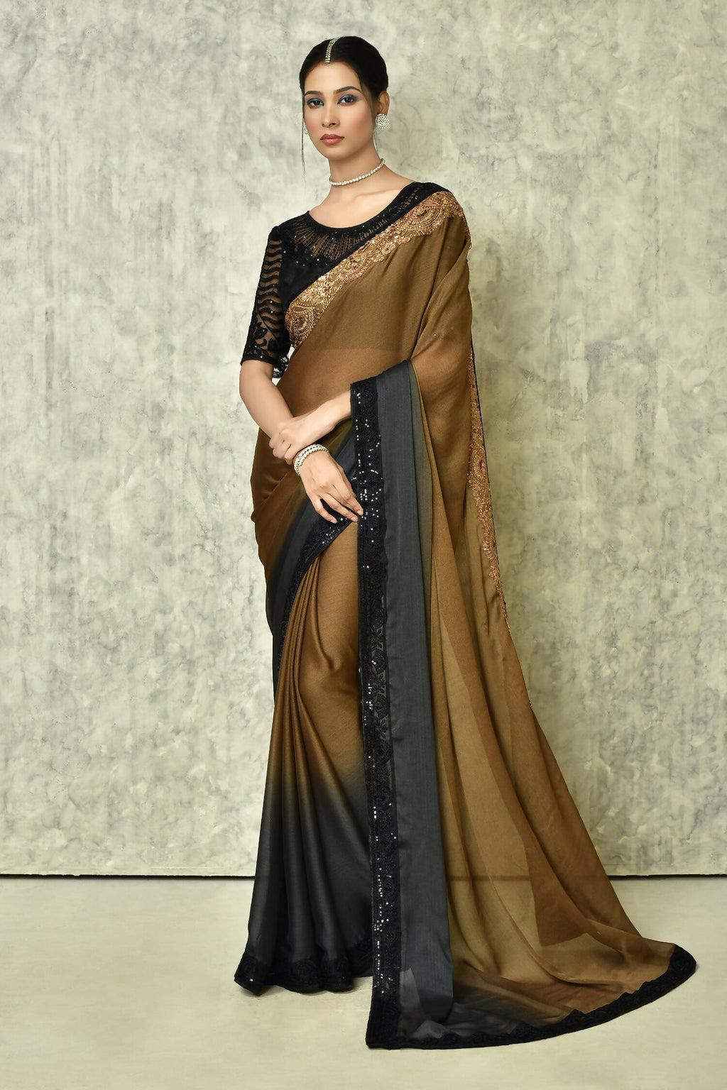Brown Silk Solid Designer Saree with Blouse - Purvi