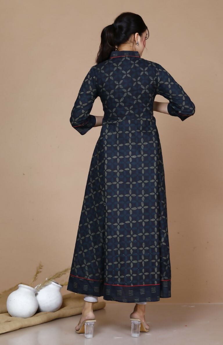 Miravan Women's Abstract Printed & Tasseles Angrakha Kurta With Blue Dupatta Set