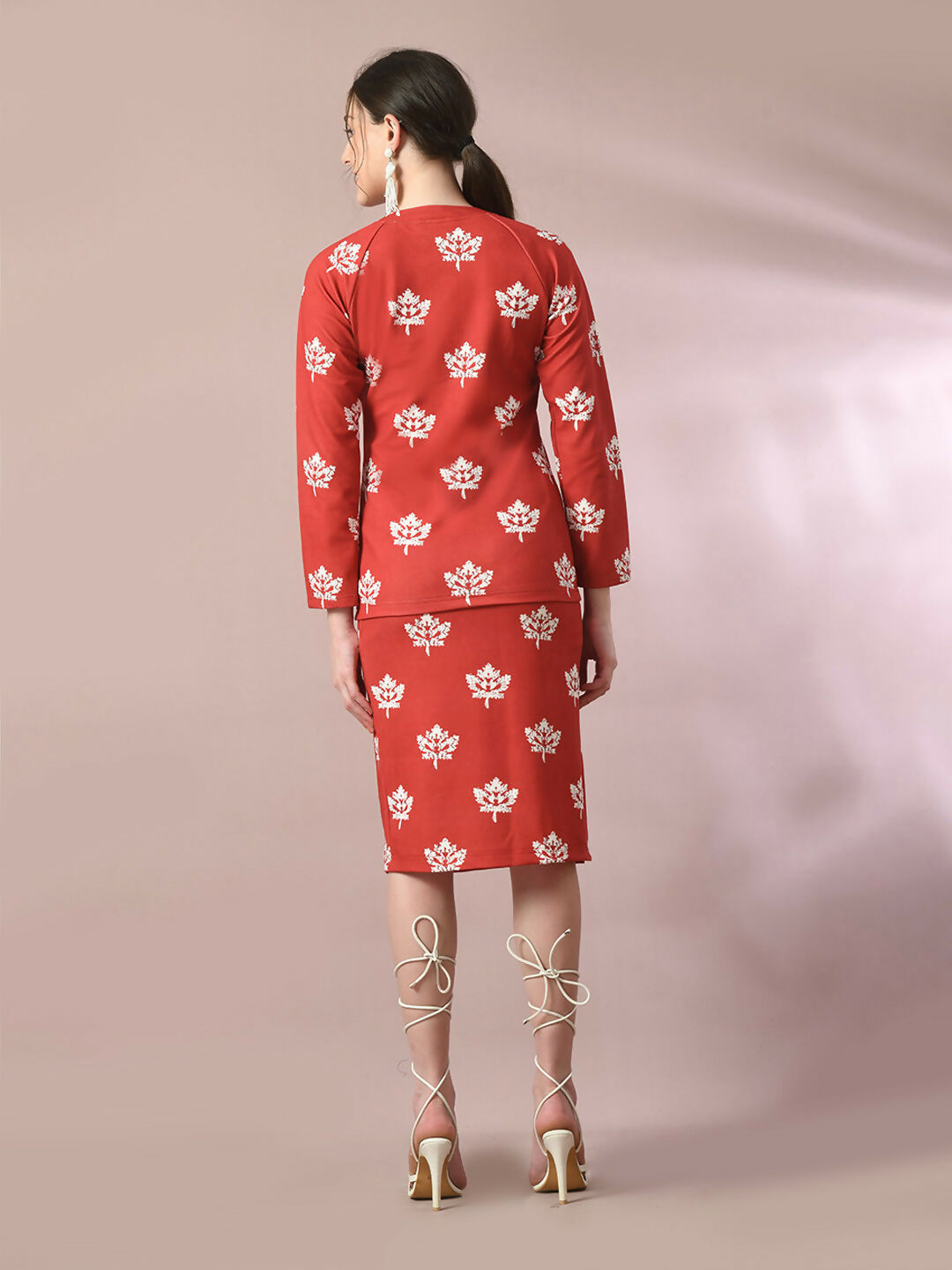 Myshka Women's Rust Printed Round Neck Party Top With Skirt Co-ord set
