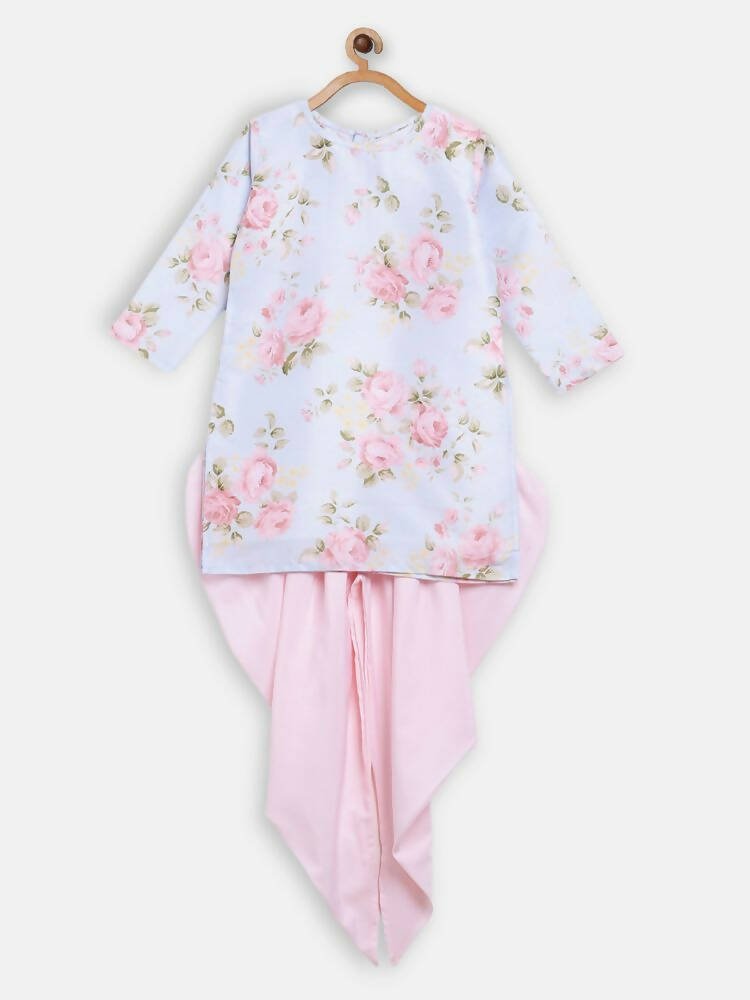 Ahalyaa Pink Polysilk Floral Printed Kids Kurta Dhoti Set For Girls