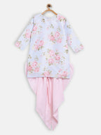 Ahalyaa Pink Polysilk Floral Printed Kids Kurta Dhoti Set For Girls