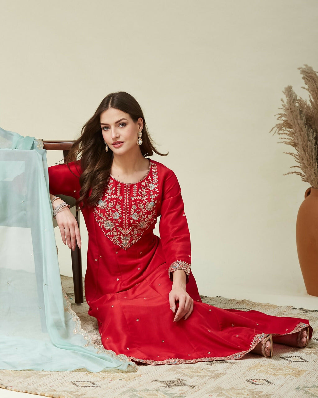 The52 Women's Beautiful Vichitra Fabric Embroidery Work Flared Anarkali Pant and Dupatta Set - Distacart