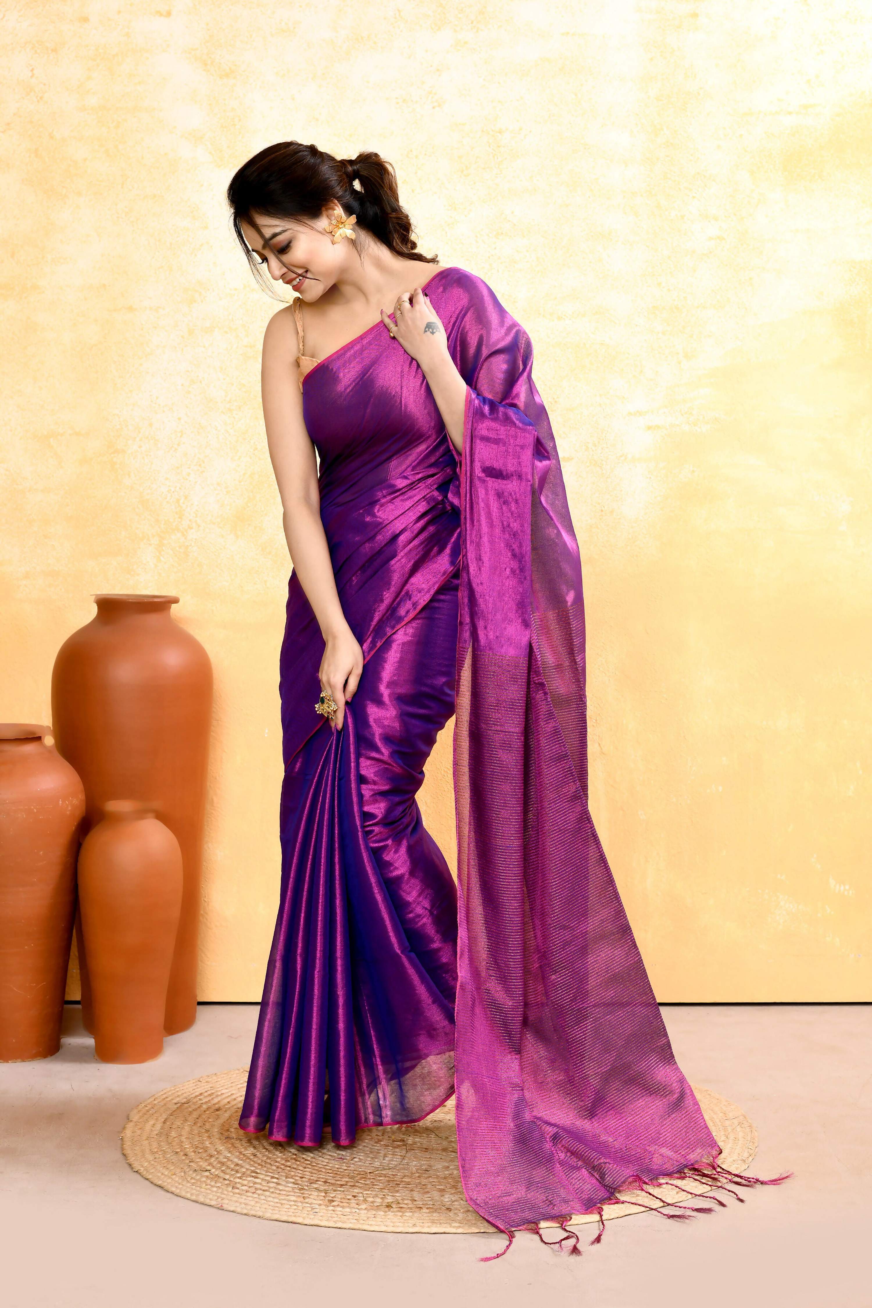 Piyari Fashion Women's Violet Dual Tone Organic Tissue Saree With Blouse Piece - Distacart
