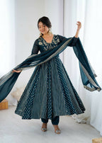 Teeya Creation Teal Color Heavy Crunchy Silk Embroidery Work Gown - Distacart