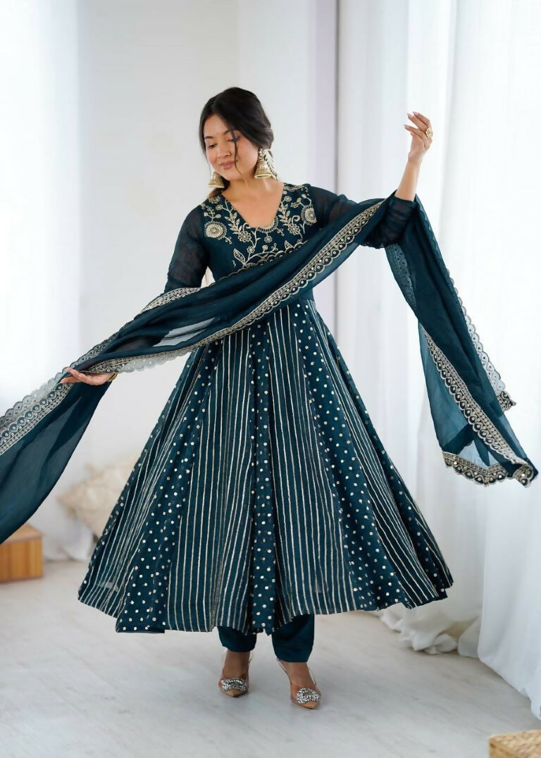 Teeya Creation Teal Color Heavy Crunchy Silk Embroidery Work Gown - Distacart