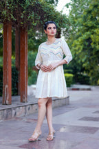 Aayaa Designer Multi Thread Hand Work Khadi Cotton One Piece Dress - Off White