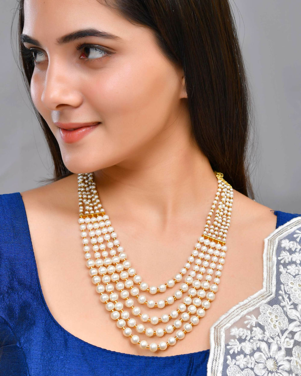 VOJ Gold-Polished Multi Layered Pearl Maharani Necklace