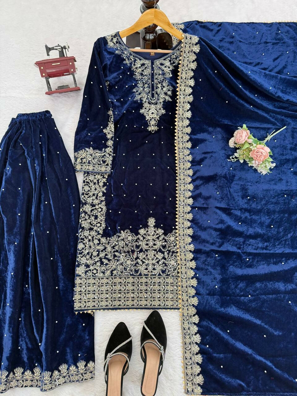 Vastranavya Blue Viscose Velvet Cording Sequence With Moti Work Top-Bottom With Dupatta - Distacart