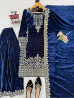 Vastranavya Blue Viscose Velvet Cording Sequence With Moti Work Top-Bottom With Dupatta - Distacart