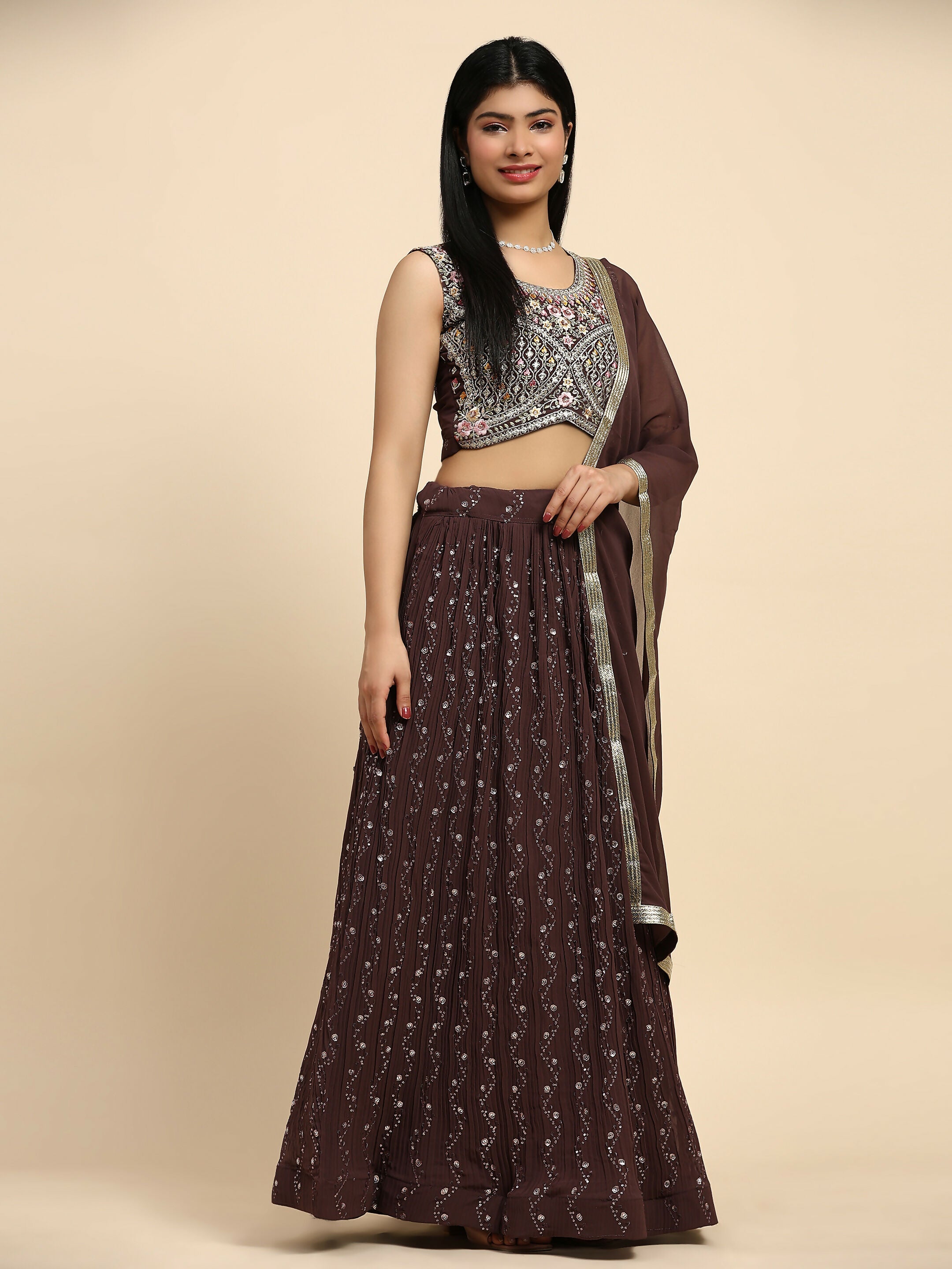 Brown Georgette Embroidered Lehenga choli with Dupatta - Dhara