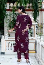 Miravan Women's Cotton Fabric Purple Kurta With Palazzo And Dupatta