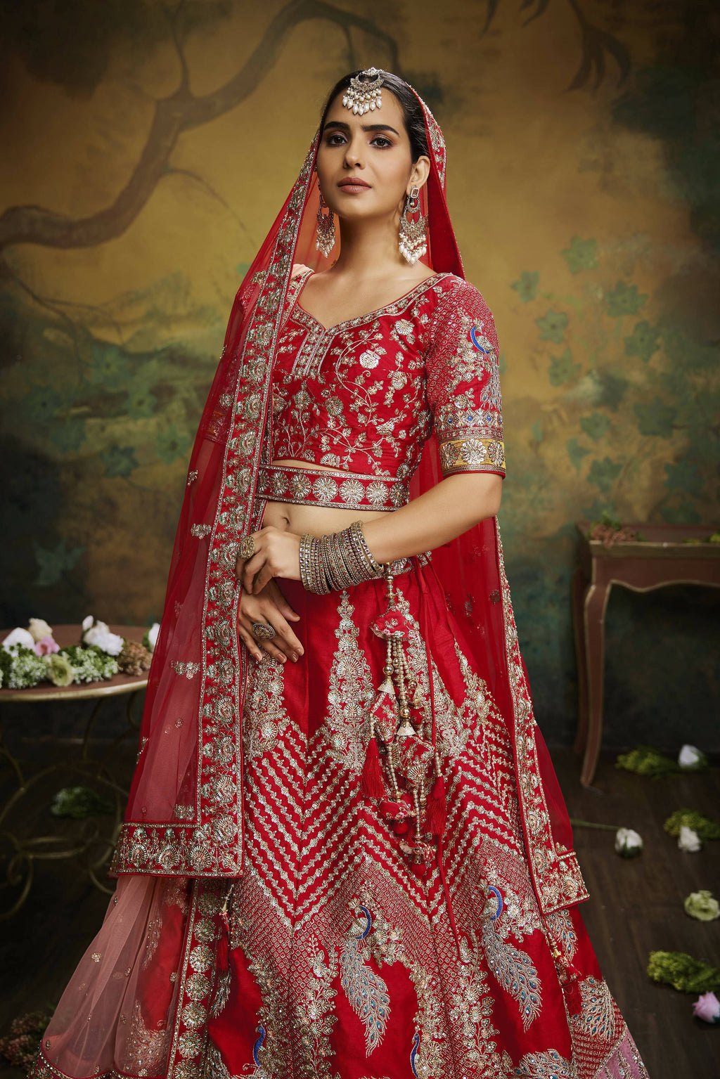 House of Panchhi Red Pure Silk Moti & Zarkan heavy embroidery Lehenga choli & Dupatta