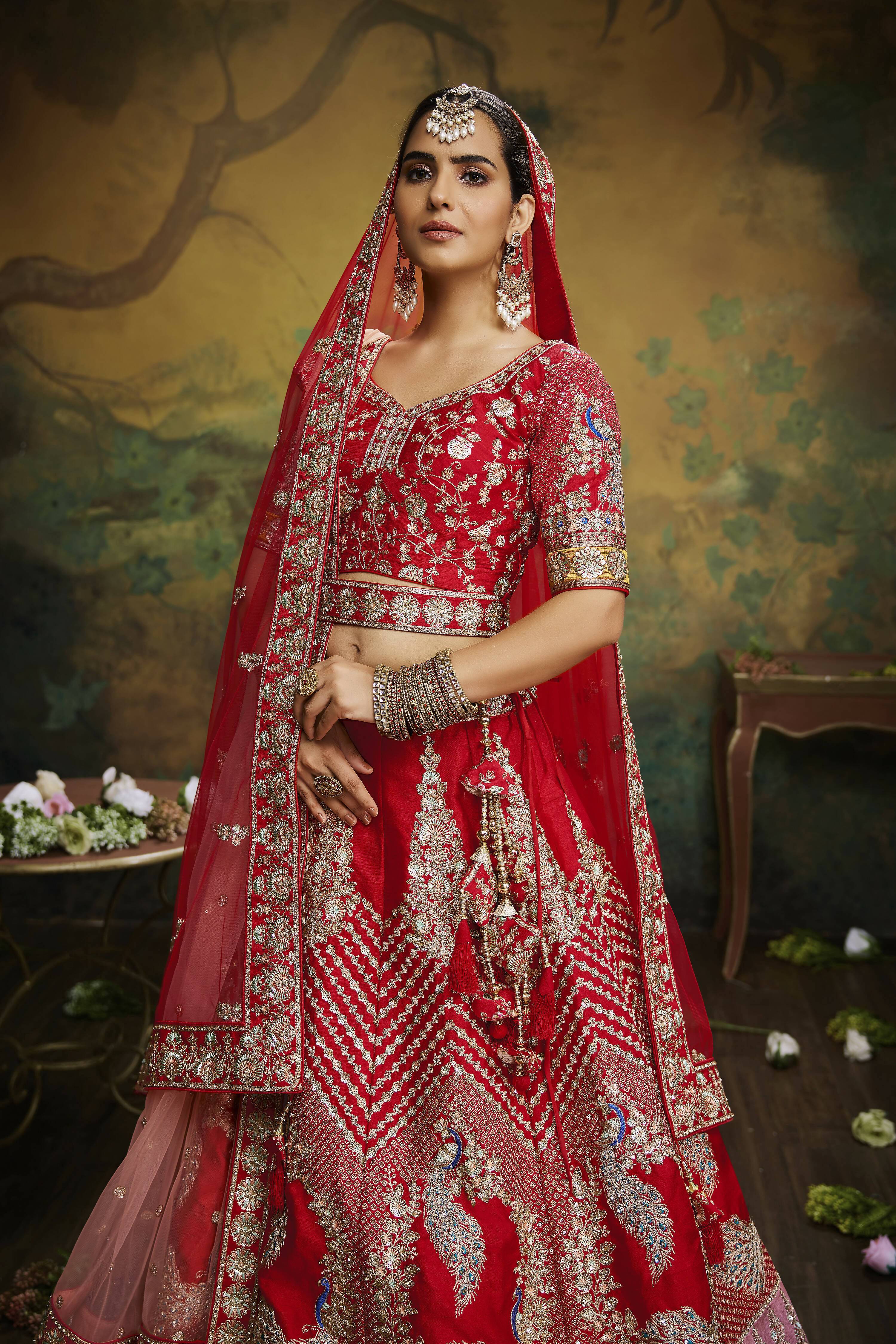 House of Panchhi Red Pure Silk Moti & Zarkan heavy embroidery Lehenga choli & Dupatta
