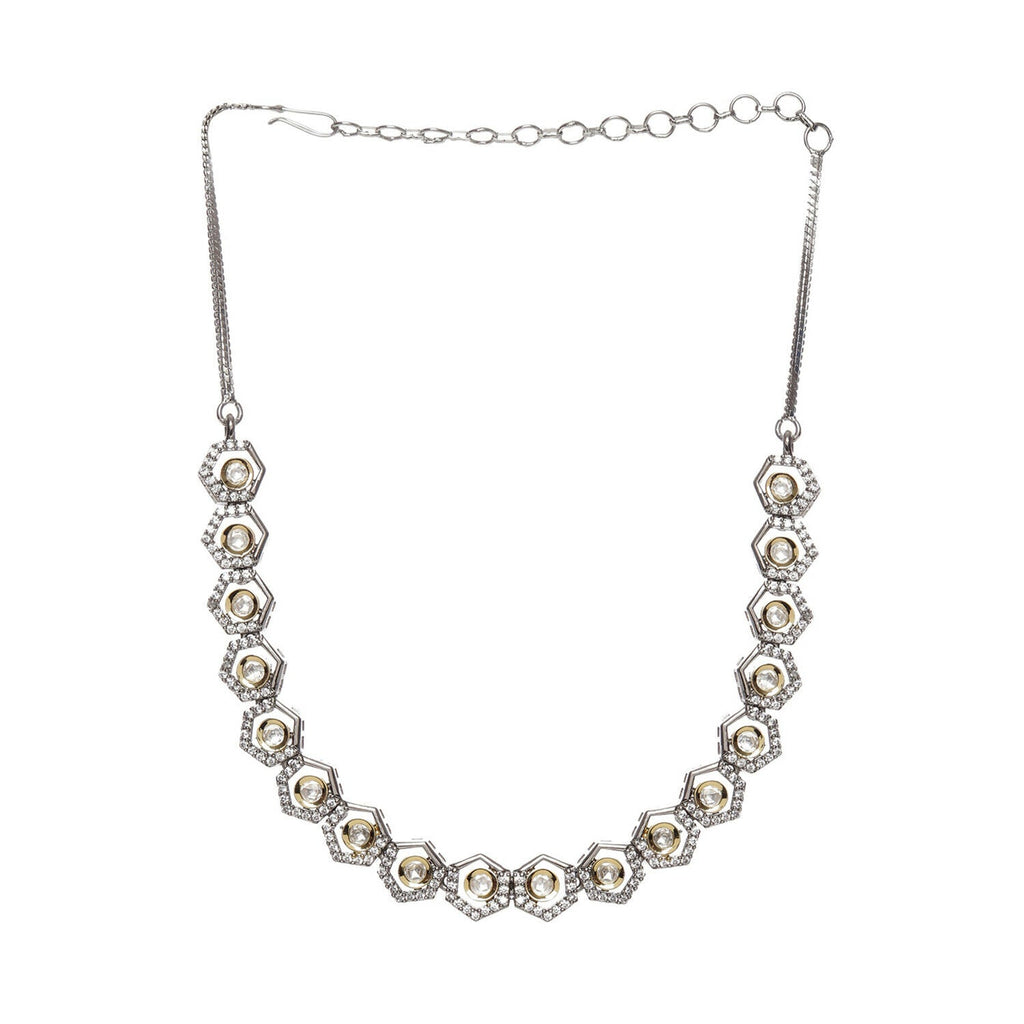 Dual Tone Gold and Silver Choker with American Diamonds and Kundan (Silver) - Ruby Raang