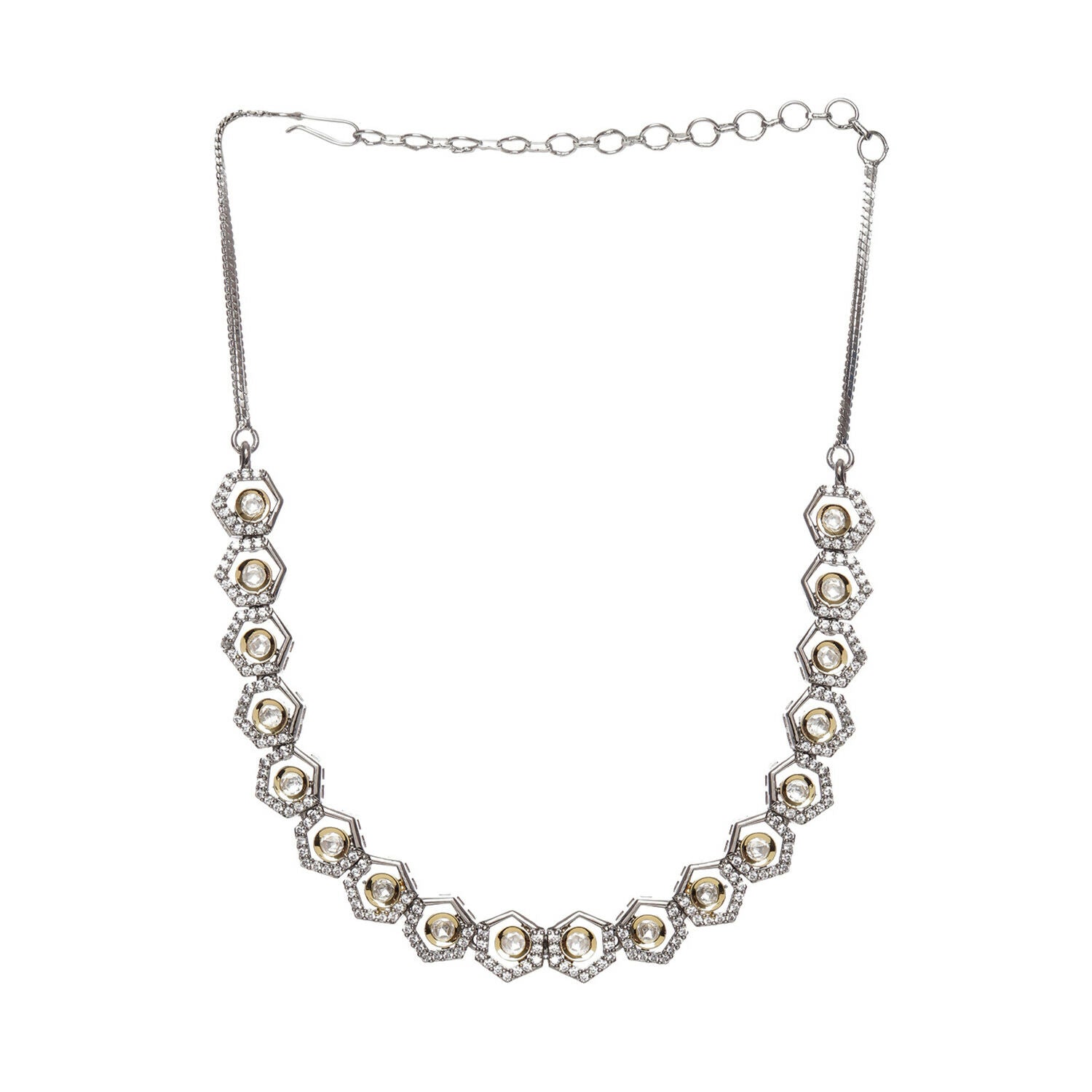 Dual Tone Gold and Silver Choker with American Diamonds and Kundan (Silver) - Ruby Raang