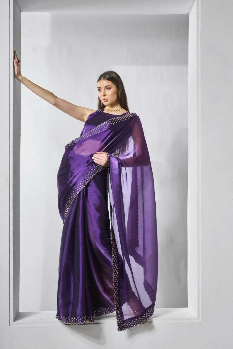 Purple Burburry silk Swarovski Designer Work Saree - Shezlin