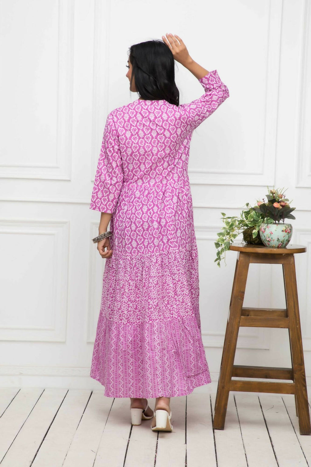 Myshka Women Pink Floral Cotton A-Line Mandarin Collar Long Dress - Distacart