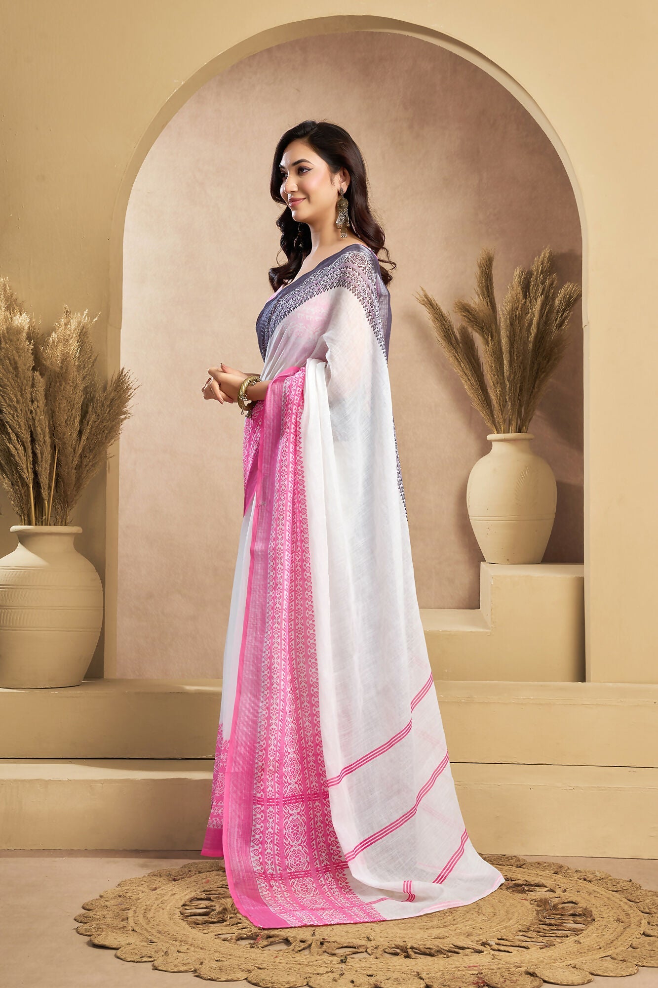 Vastranavya White Digital Printed Linen Ready To Wear Designer Saree with Unstitched Blouse - Distacart