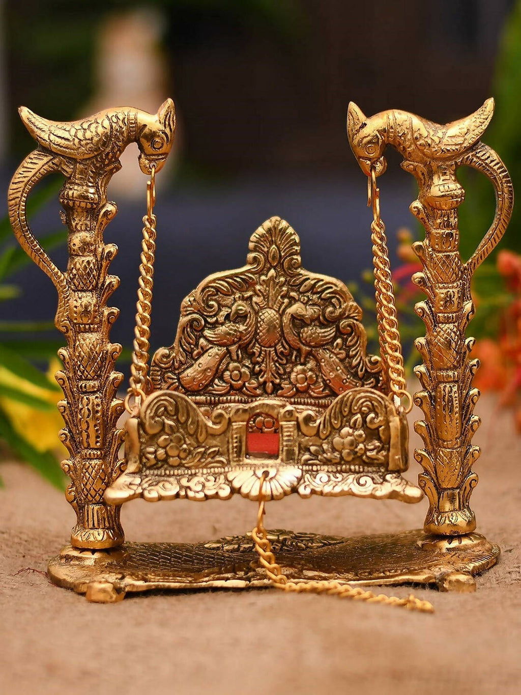 CraftVatika Gold-Polished & Red Swing Jhula Singhasan Pooja Chowki