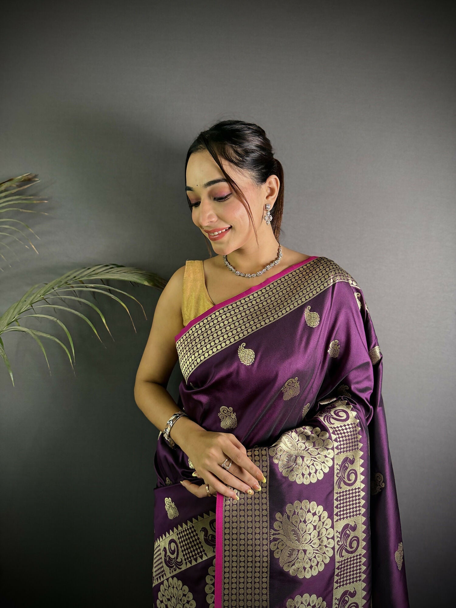 Joban Fashion Wine Banarasi Soft Lichi Silk Paisley Saree - Distacart