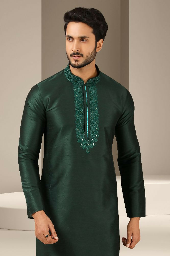 Raivat Ethnic Banarasi Art Silk Mirror Work Kurta Pajama In Dark Green Colour