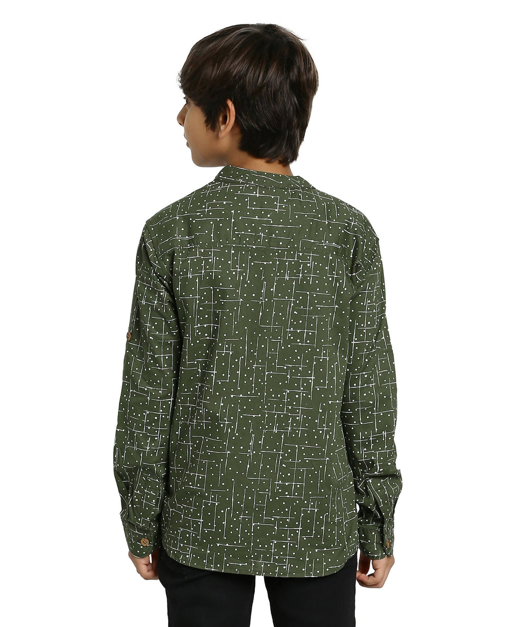 Manet Boys Full Sleeves Dot Printed Ethnic Shirt - Olive Green