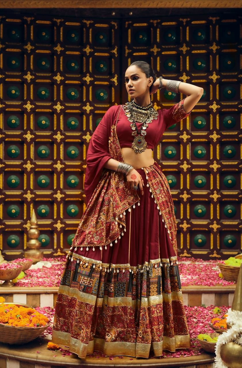 Teeya Creation Maroon Colour Rayon Silk Digital Print Fully Stitched Navratri Lehenga