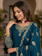 Joban Fashion Teal Silk Embroidered Sharara Set - Distacart
