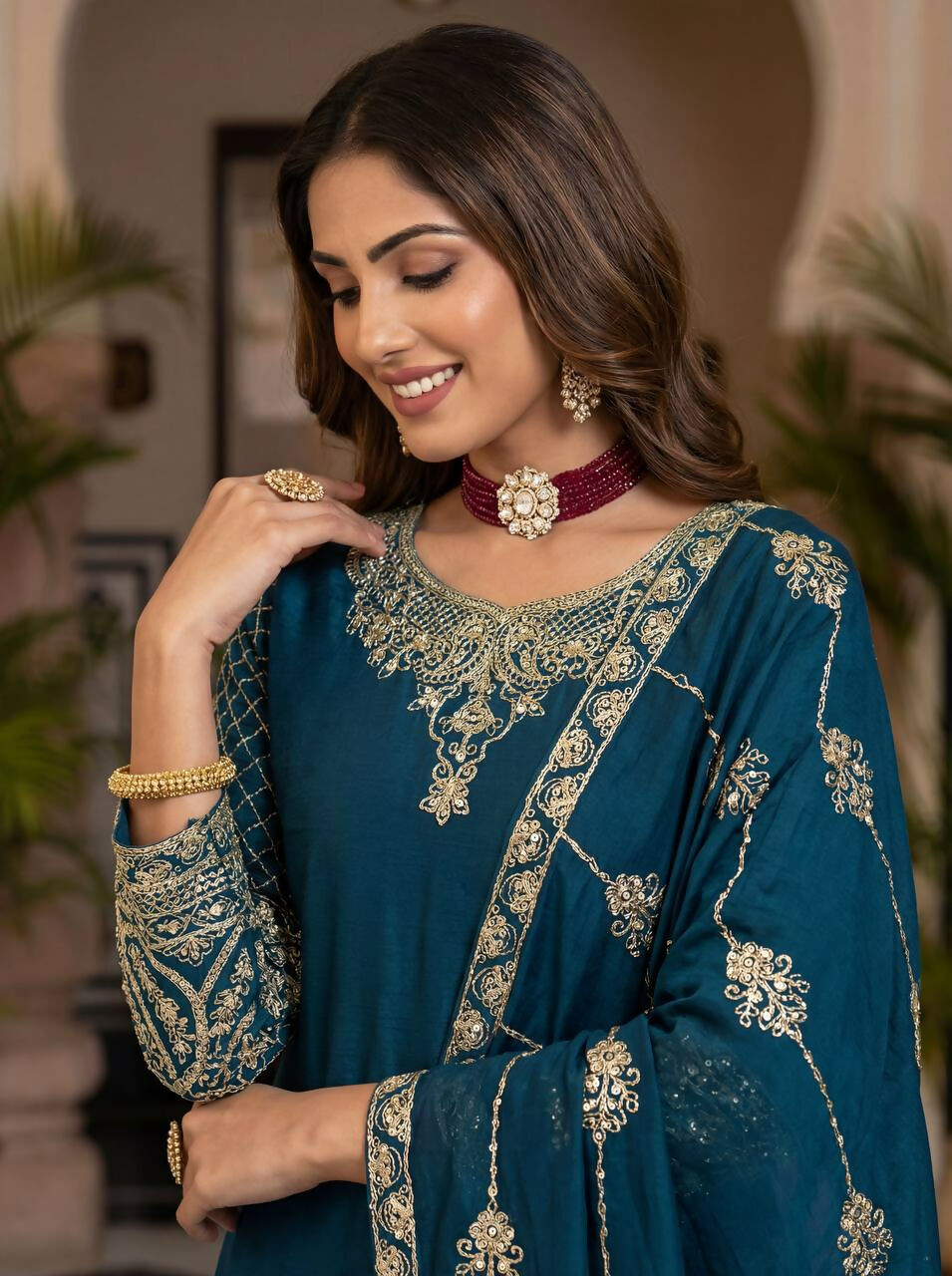 Joban Fashion Teal Silk Embroidered Sharara Set - Distacart
