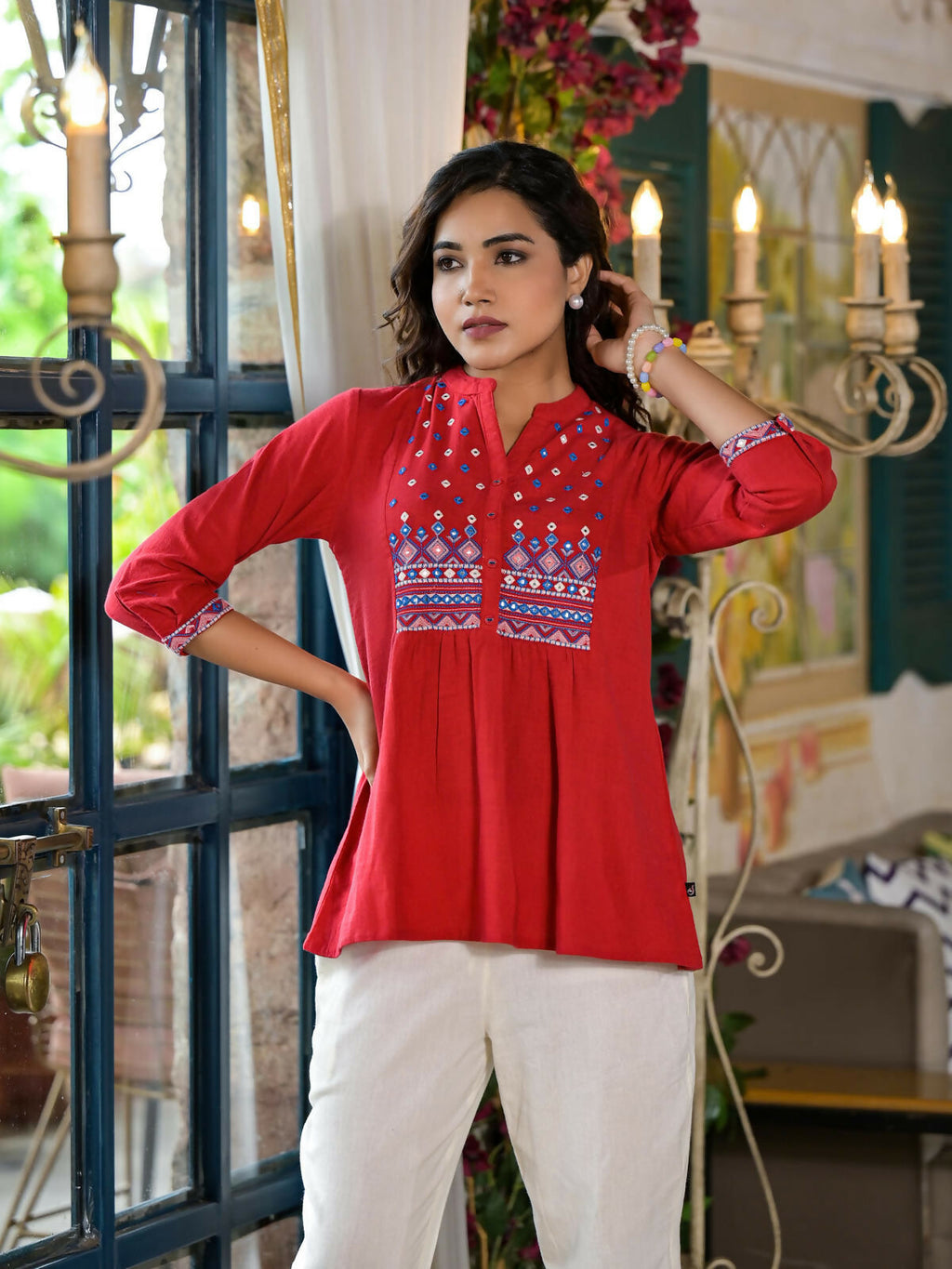 Juniper Women's Red Thread Embroidered Cotton Tunic With Mirror work & Buttons