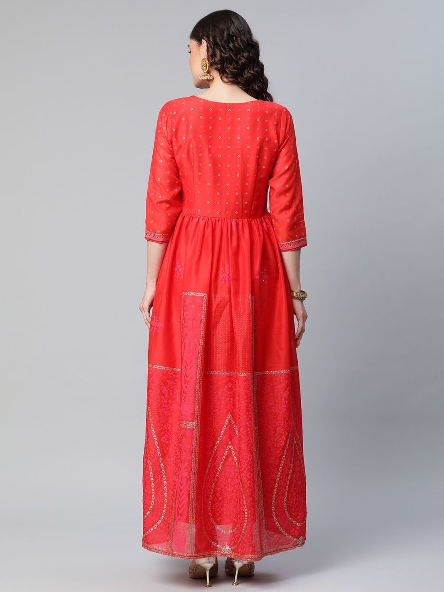 Ahalyaa Women Red Chanderi Khari Printed Dress - Distacart