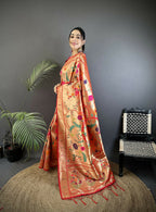 Joban Fashion Pastel Red Floral & Bird Motifs Soft Silk Paithani Saree - Distacart