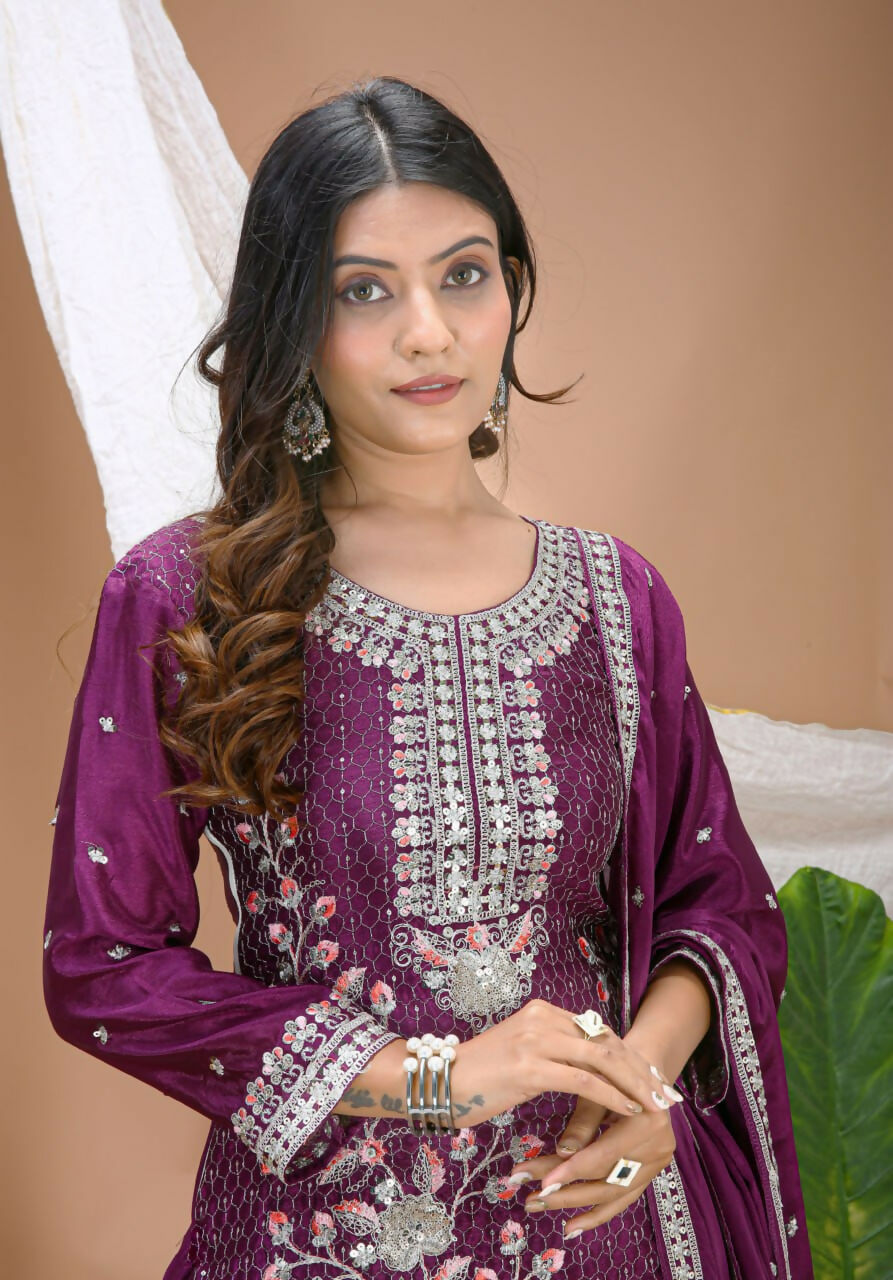 Teeya Creation Wine Color Chinon Silk Wedding Wear Trending Palazzo Set - Distacart