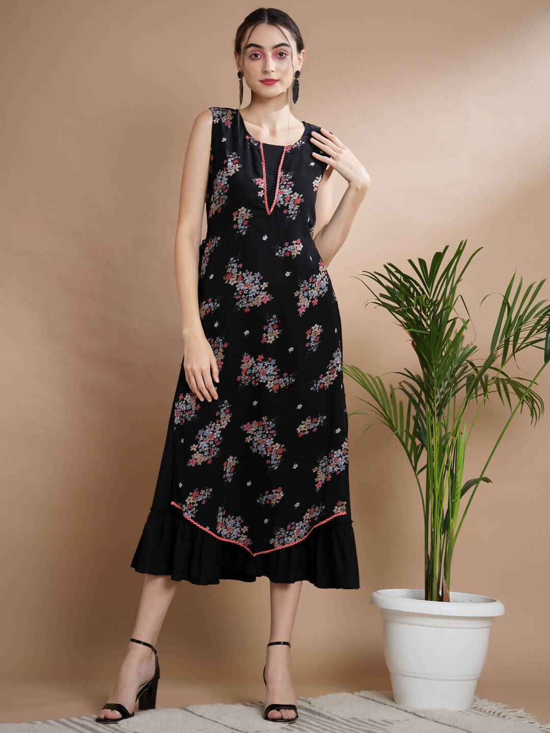 Myshka Women's Black Floral Printed Gown Dress - Distacart
