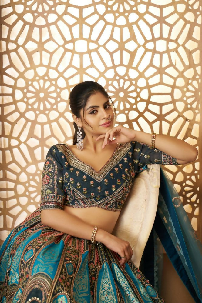 Kesar Fab Blue Banarasi Silk Embroidered Lehenga
