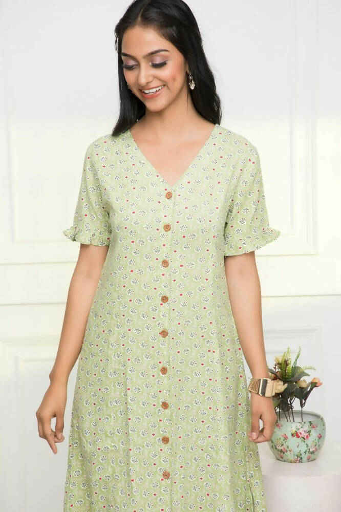 Myshka Women Green Ethnic Motifs Rayon A-Line V-Neck Dress - Distacart
